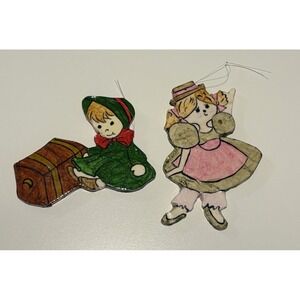 Vintage Hand-Painted Plastic Ornaments Signed OELL Victorian Boy & Girl Folk Art